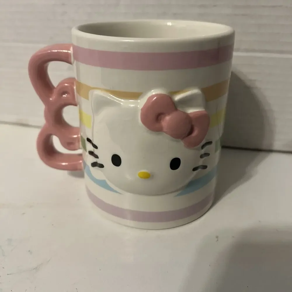 Hello Kitty Sanrio Ceramic Coffee Mug Bow Handle Rainbow Stripes 20 oz